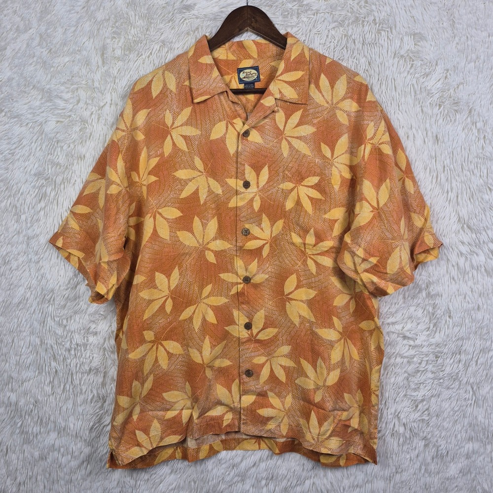 Tommy Bahama Relax Mens L Orange Yellow Tropical Leaf Print 100% Linen Shirt